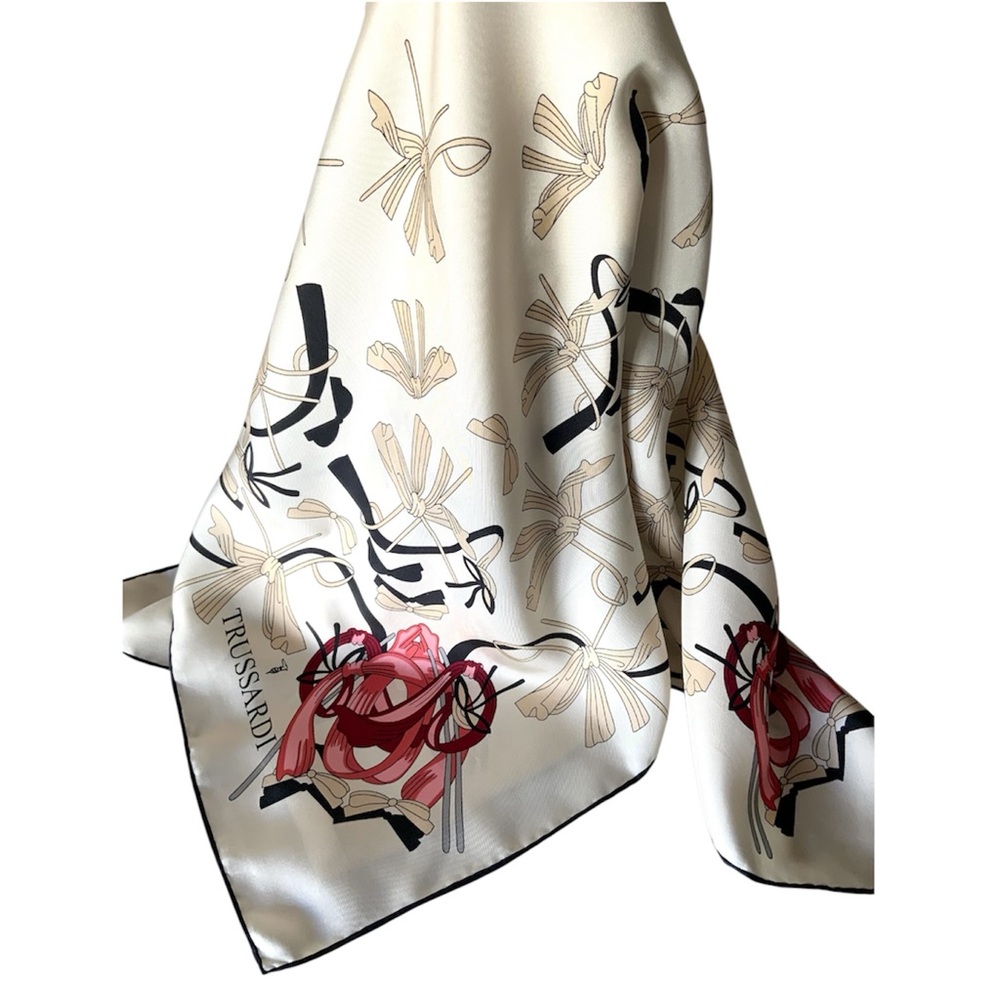 Trussardi Elegant Silk Scarf with Cream, Black, and Red Accents